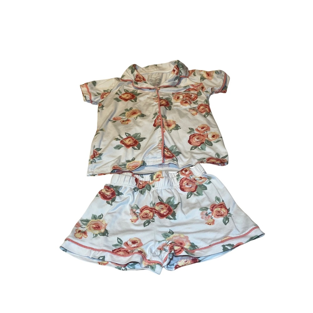 Tahari Girl Pajama Set Kids 4T White Pink Floral Excellent Short Sleeve Button